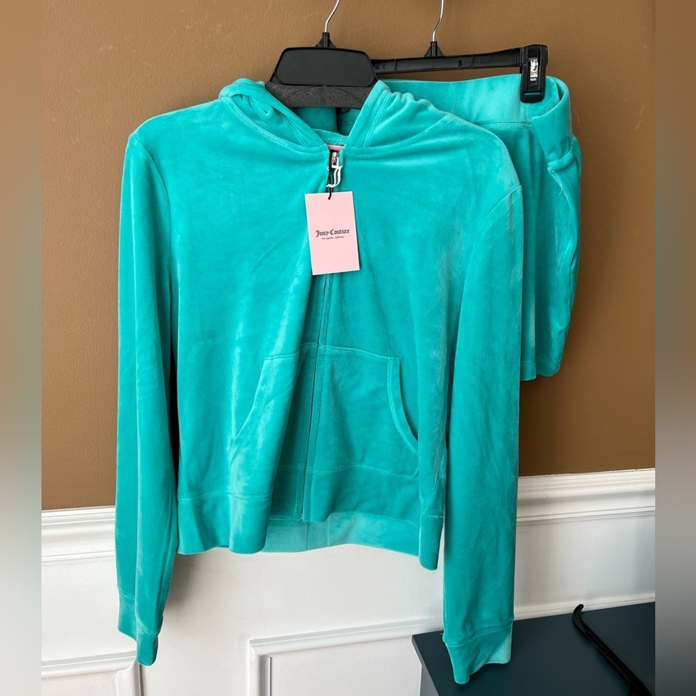 Juicy Couture Women’s Coastal Teal Velour Shorts Hoodie Set Size L Y2K 90s